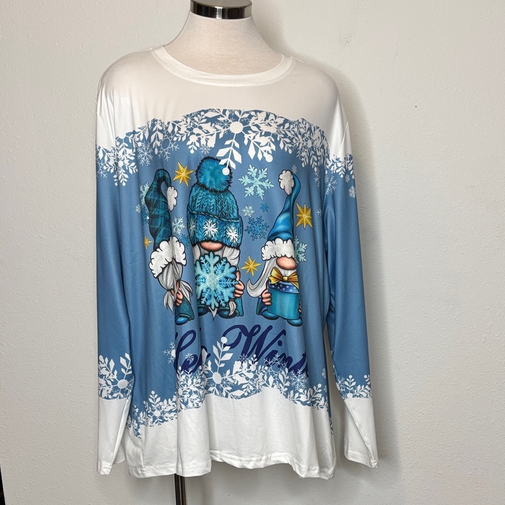SHEIN size 3X Blue and White Long Sleeve gnome Tee